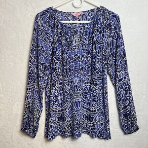Lilly Pulitzer Willa Peasant Blouse Womens Size Medium Blue Black Beach Summer